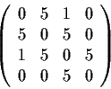 \begin{displaymath}\left( \begin{array}{cccc}
0 & 5 & 1 & 0 \\
5 & 0 & 5 & 0 \\
1 & 5 & 0 & 5 \\
0 & 0 & 5 & 0\end{array} \right)\end{displaymath}
