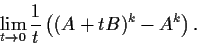 \begin{displaymath}\lim_{t \to 0}\frac{1}{t} \left( (A + tB)^k - A^k \right) . \end{displaymath}