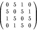 \begin{displaymath}\left( \begin{array}{cccc}
0 & 5 & 1 & 0 \\
5 & 0 & 5 & 1 \\
1 & 5 & 0 & 5 \\
0 & 1 & 5 & 0
\end{array} \right) \end{displaymath}
